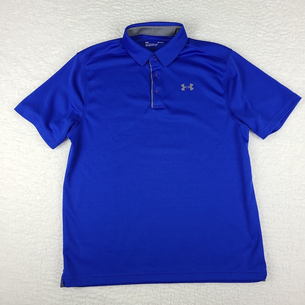 Under Armour Polo Shirt Mens Large Blue Striped Performance Loose Heatear